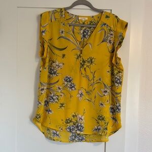 Pleione Yellow Sleeveless Blouse with White and Grey Floral Print